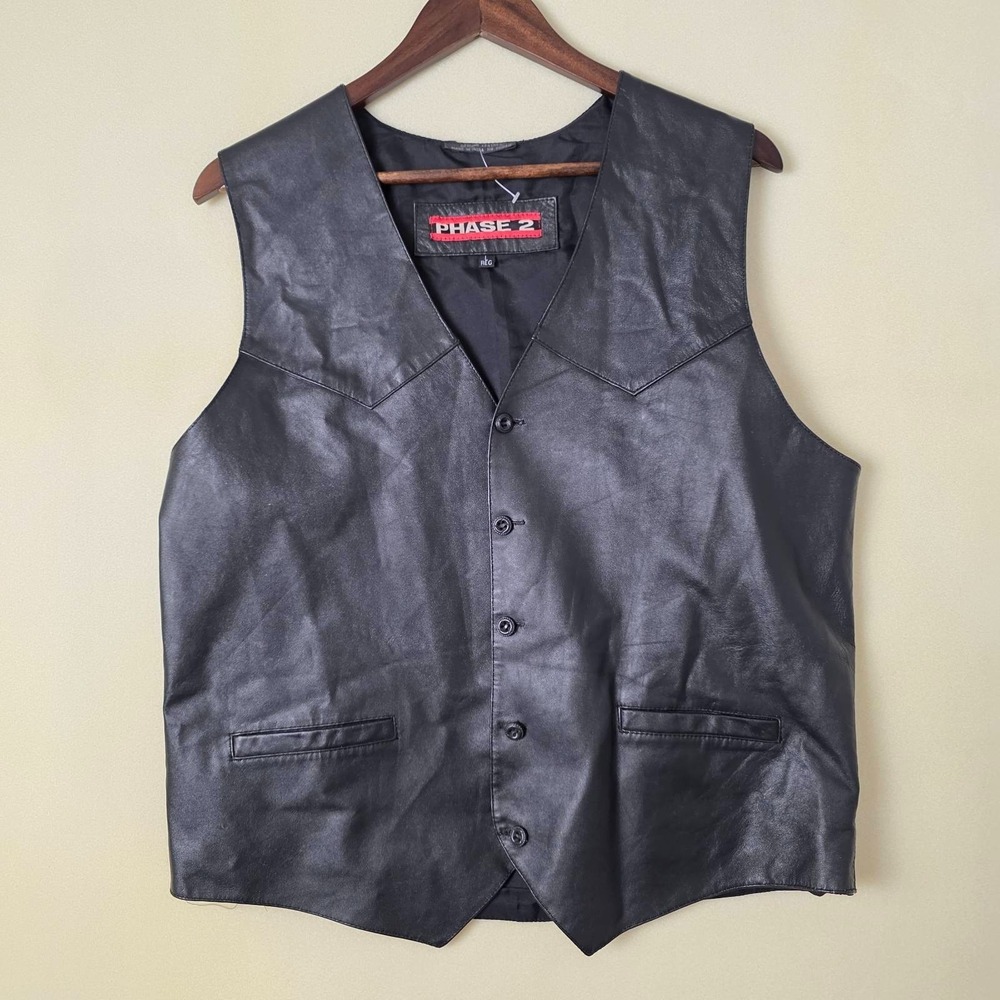 Vintage Phase 2 Leather Vest Men's L Large Black Motorcycle Waistcoat Pockets - Picture 2 of 13